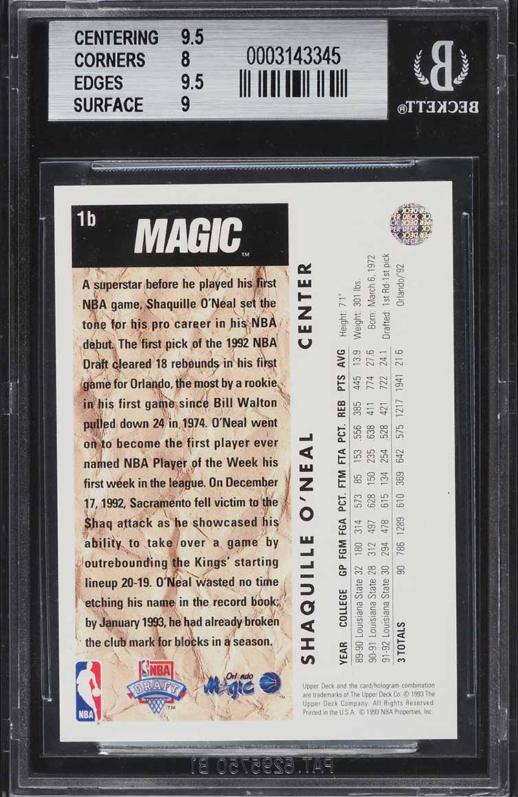 1992 Upper Deck Trade Card Shaquille O'Neal ROOKIE #1b BGS 8.5 NM-MT+
