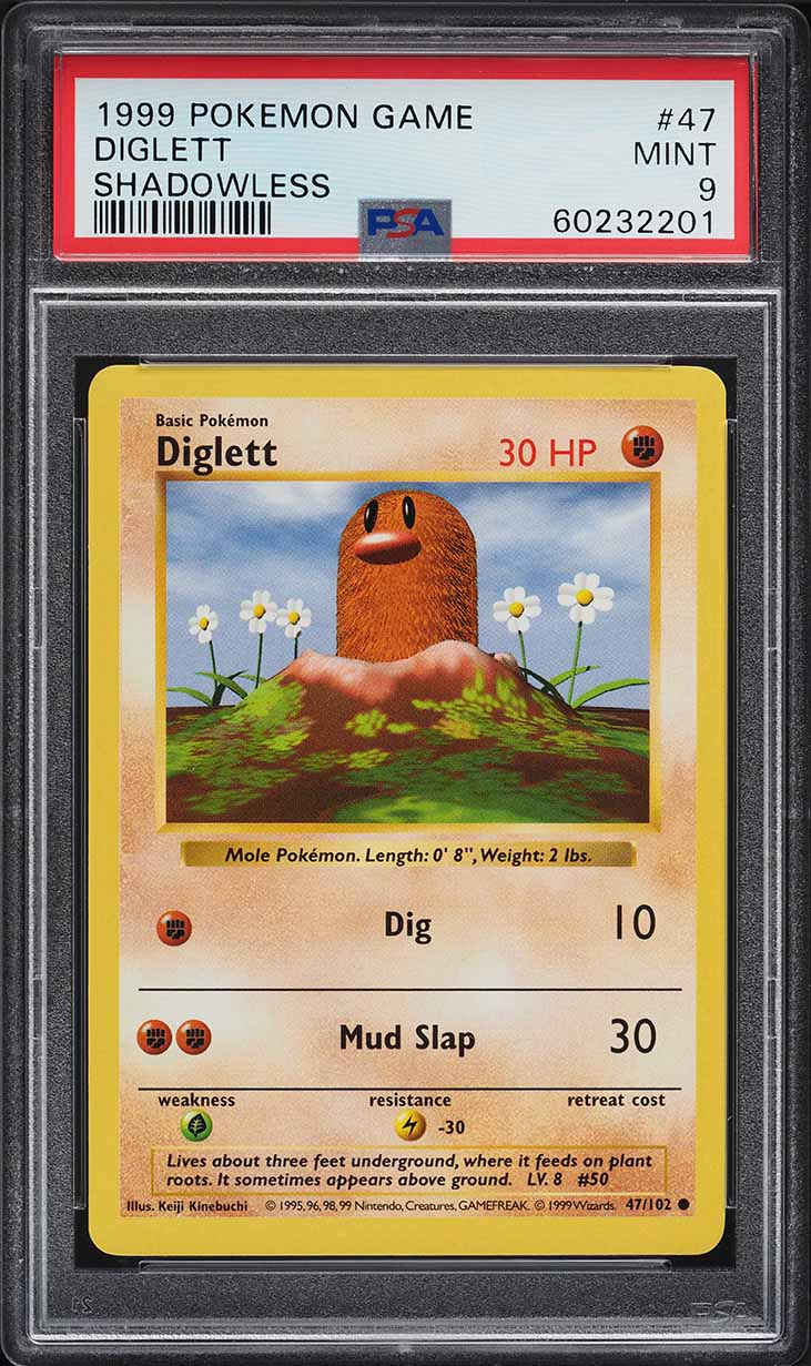 1995 diglett pokemon card value 47 102 1999 Base Set Shadowless #47 PSA 9 MINT on Fanatics Collect [F] Dig (10) [FF] Mud Slap (30) Pokémon Base Set Diglett FIRST