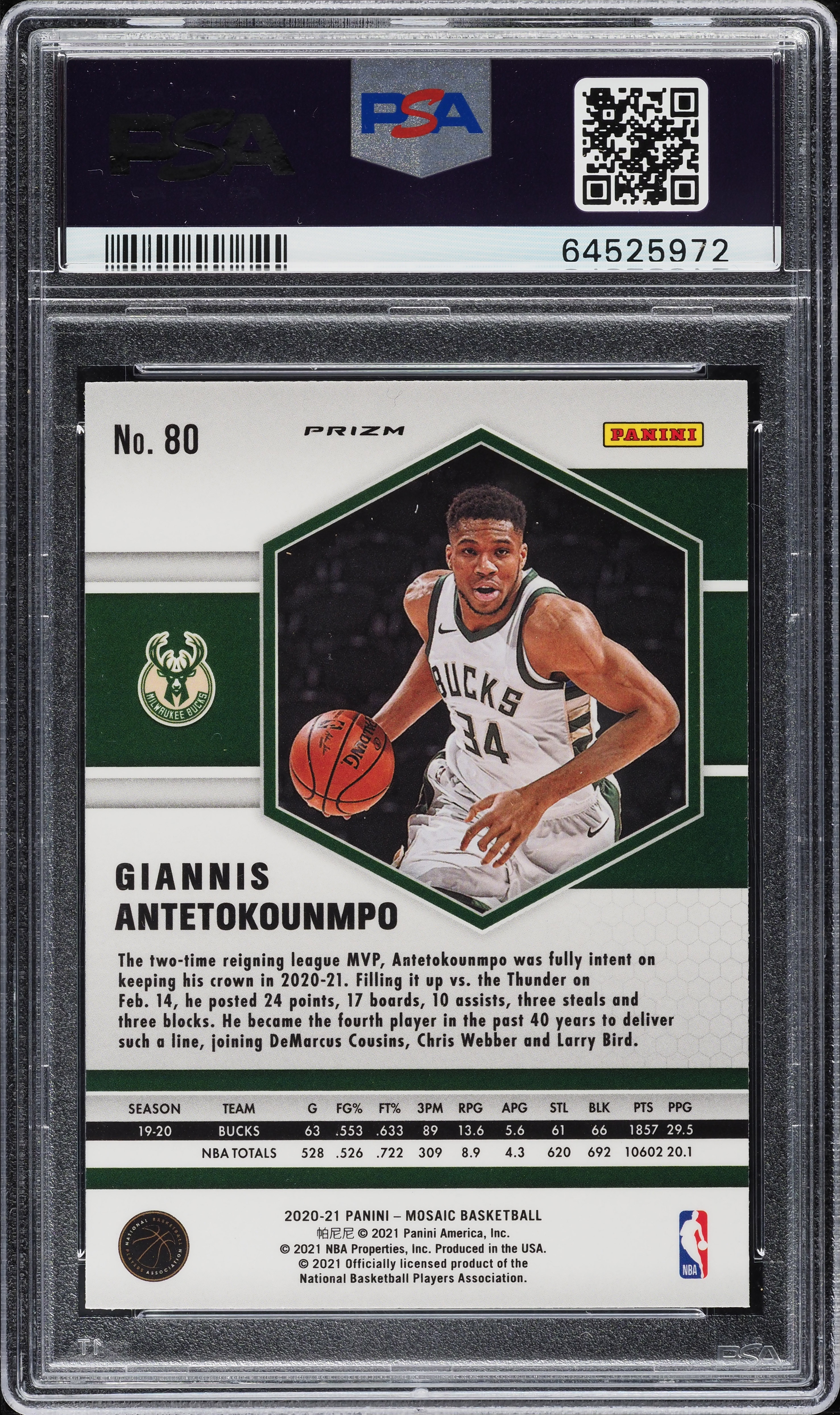 2020 Panini Mosaic Genesis Giannis Antetokounmpo #80 PSA 10 GEM