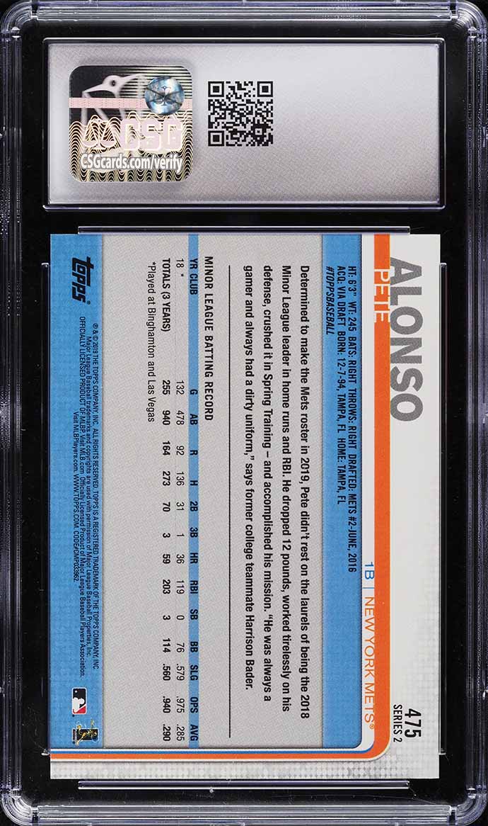 2019 Topps Pete Alonso ROOKIE #475 CSG 10 GEM MINT