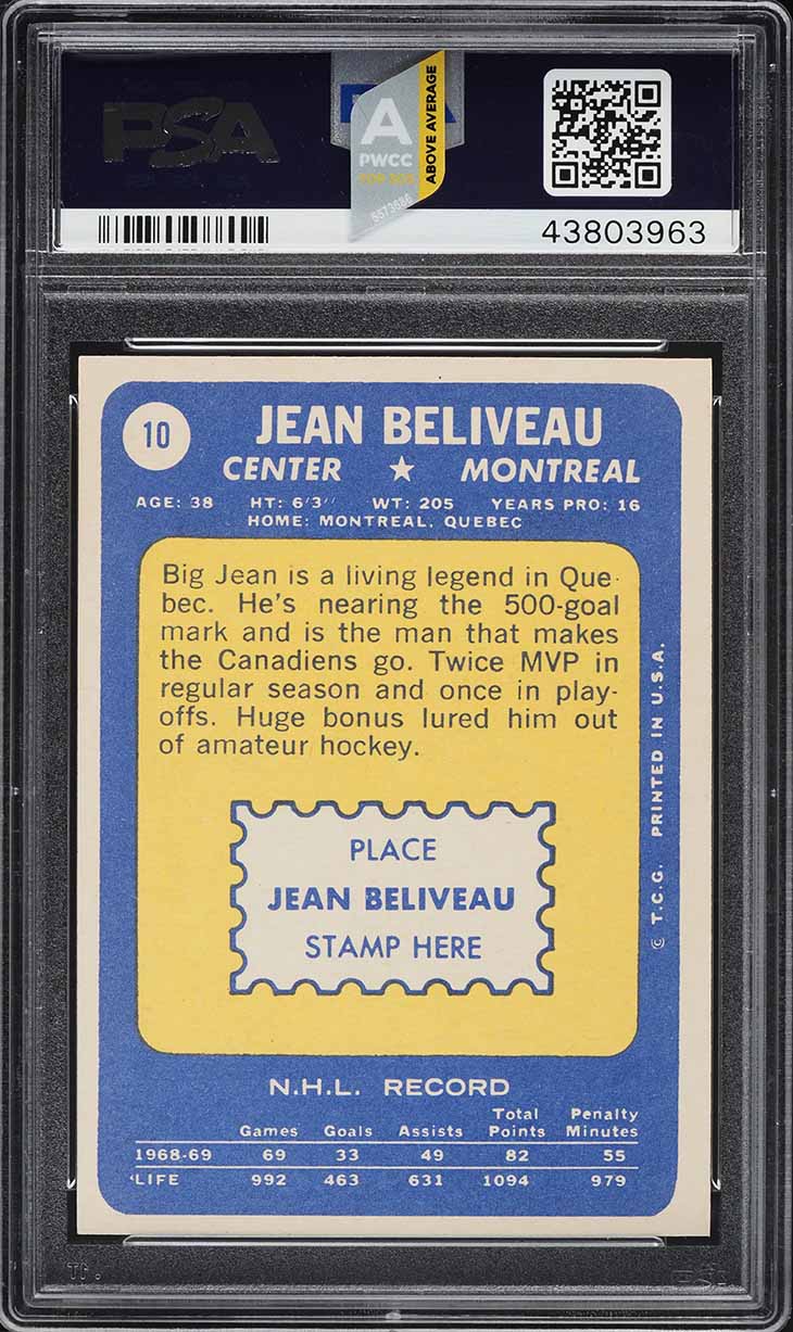1969 Topps Hockey Jean Beliveau #10 PSA 9 MINT