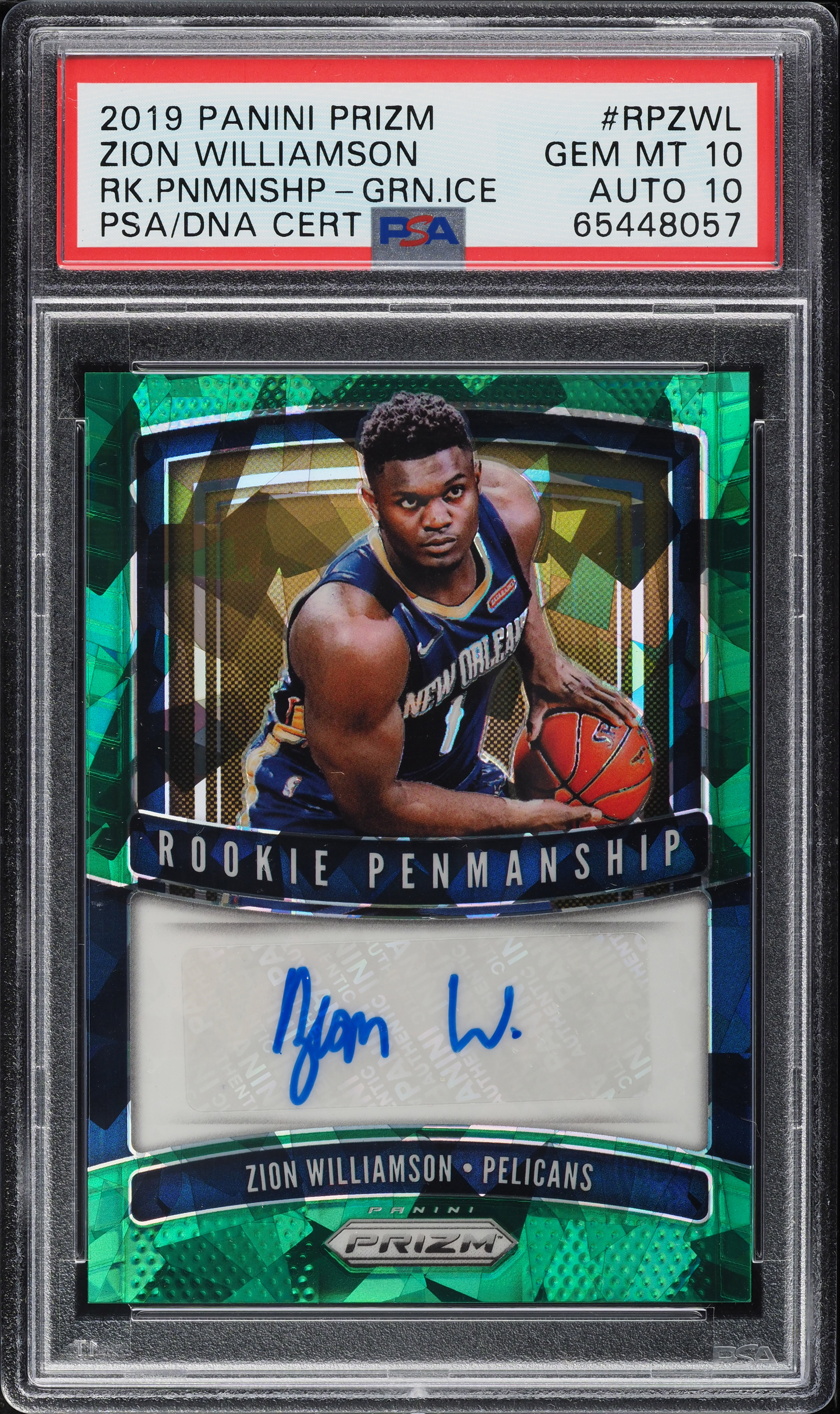 2019 Panini Prizm Penmanship Green Ice Zion Williamson RC AUTO DNA