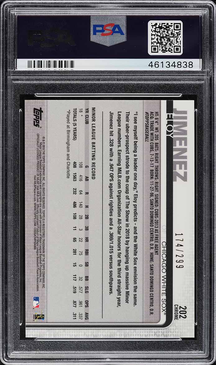 2019 Topps Chrome Purple Refractor Eloy Jimenez ROOKIE /299 #202 PSA 10 GEM MINT