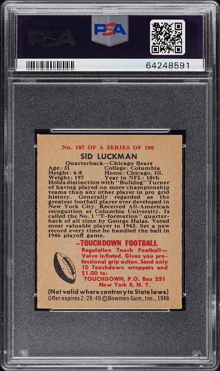 1948 Bowman Football Sid Luckman ROOKIE #107 PSA 6 EXMT