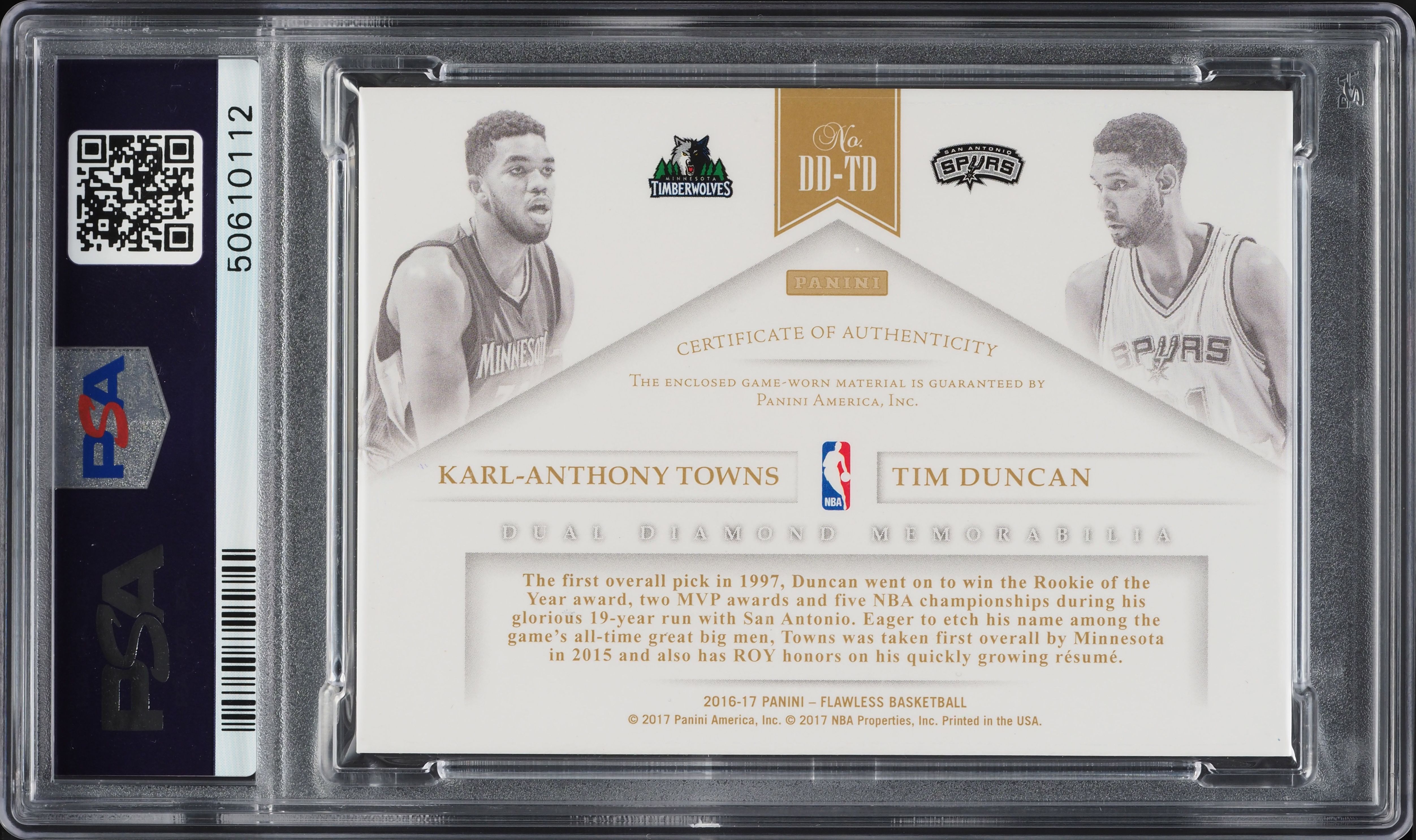 2016 Panini Flawless Gold Karl-Anthony Towns & Tim Duncan PATCH