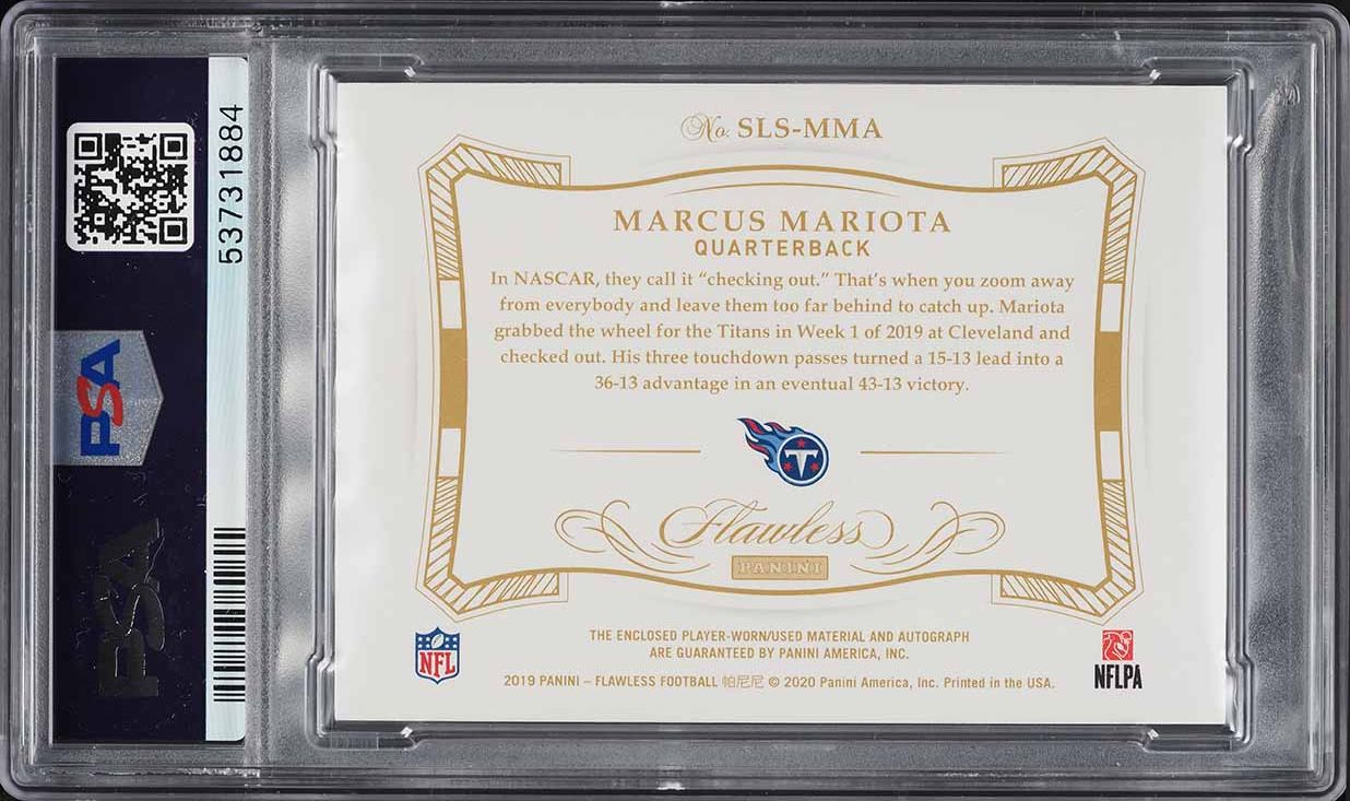 2019 Panini Flawless Laundry Tag Signatures Marcus Mariota PATCH AUTO 1/1 PSA 9