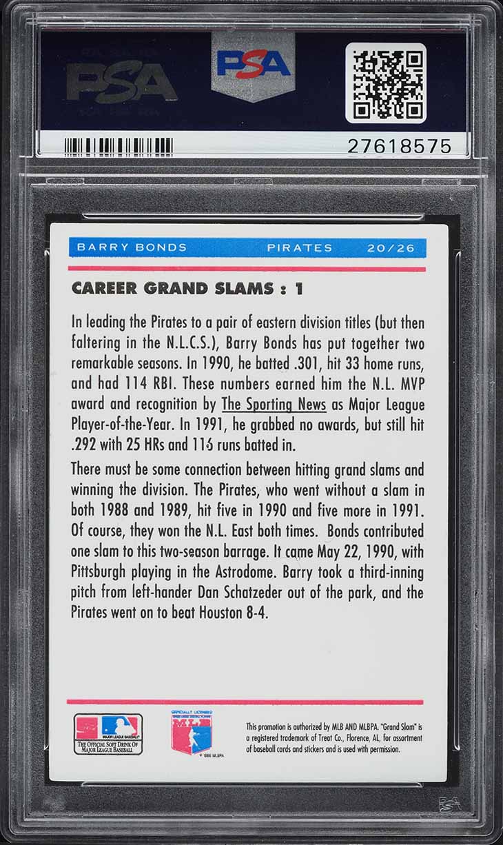 1992 Denny's Grand Slam Hologram Barry Bonds #20 PSA 8 NM-MT