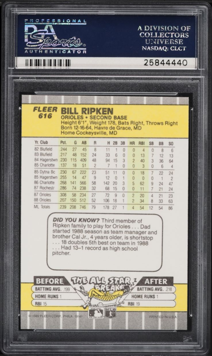 1989 Fleer Bill Ripken ROOKIE, FF ERROR #616 PSA 10 GEM MINT