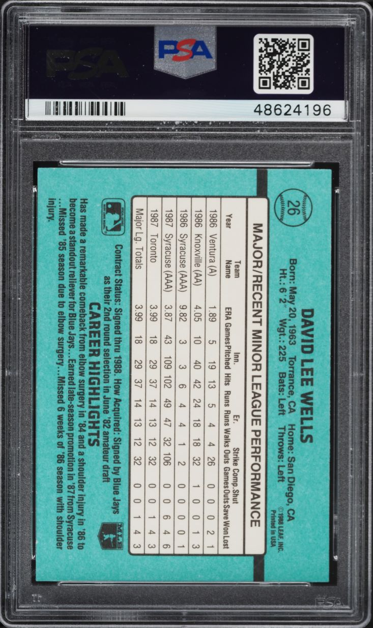 1988 Donruss The Rookies David Wells ROOKIE #26 PSA 10 GEM MINT