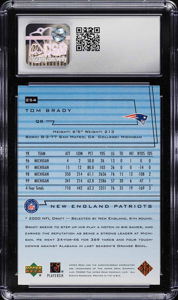 2000 Upper Deck Football Tom Brady ROOKIE #254 CSG 9 MINT