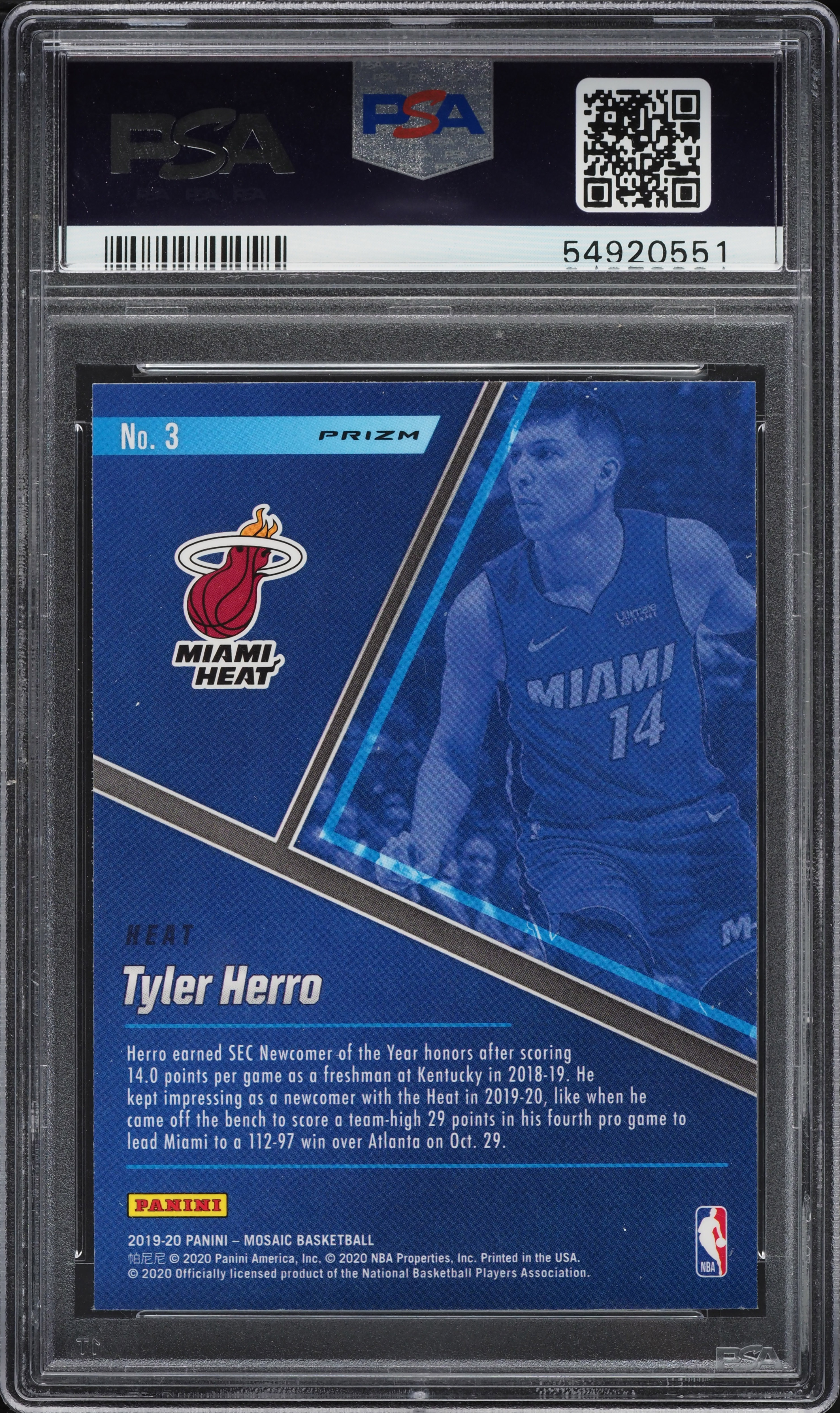 2019 Panini Mosaic Blue Chips Prizms Tyler Herro ROOKIE #3 PSA 10
