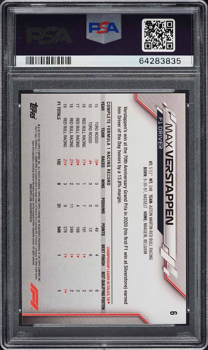 2020 Topps Chrome Formula 1 F1 Max Verstappen #6 PSA 10 GEM MINT