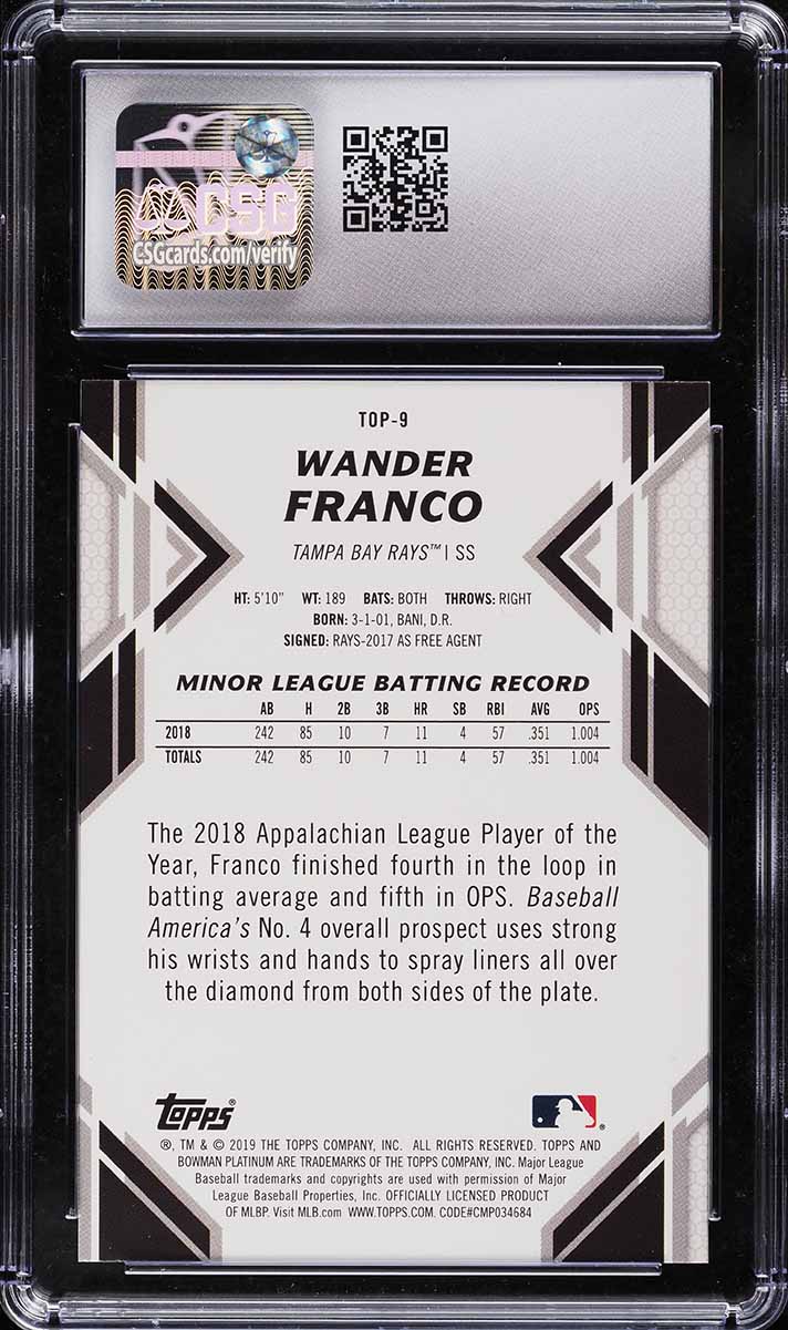 2019 Bowman Platinum Top Prospects Wander Franco ROOKIE #TOP-9 CSG 10 GEM MINT