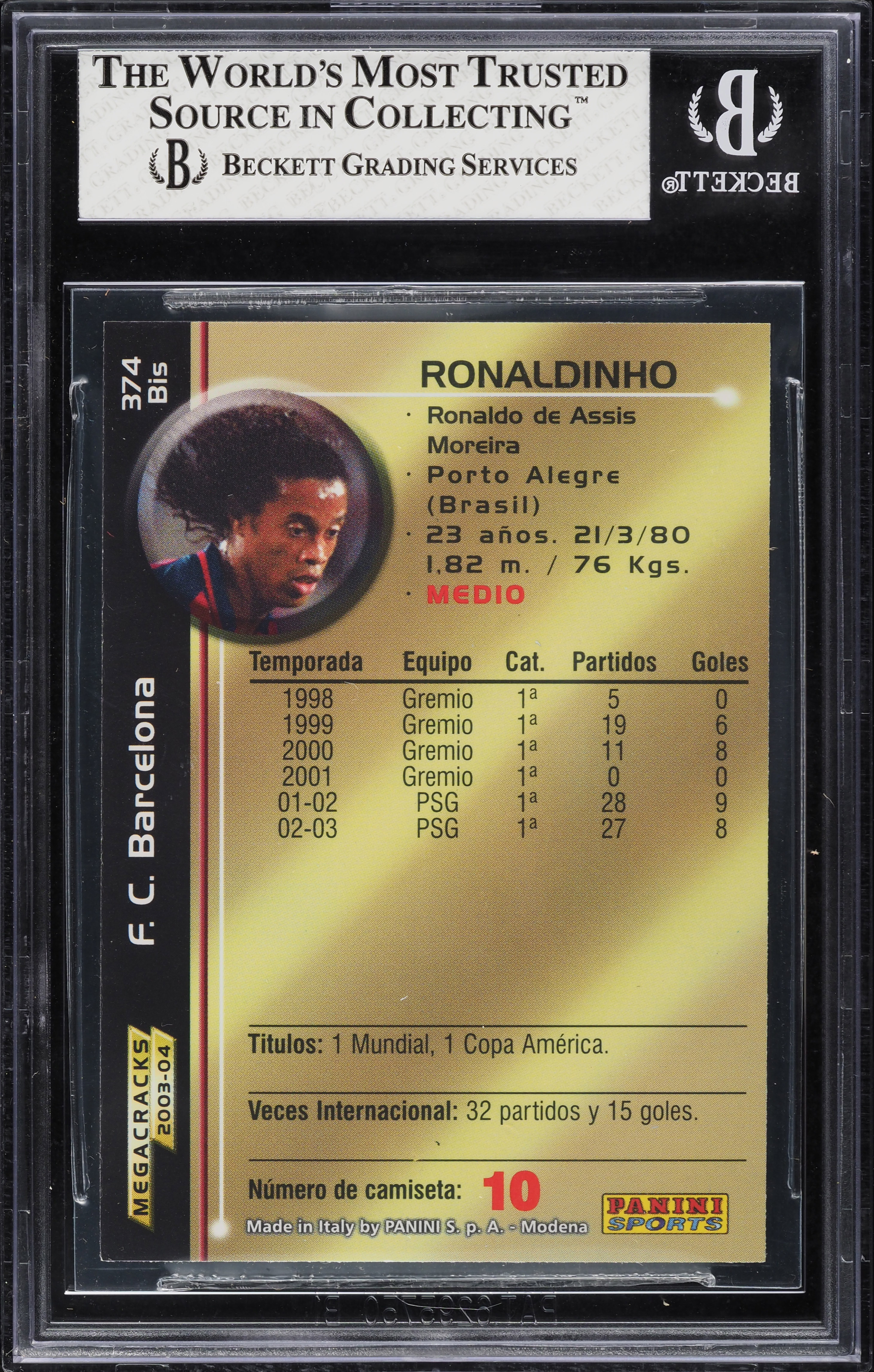2003 Panini Megafichas La Liga Ronaldinho #374 BGS 7.5 NRMT+ on