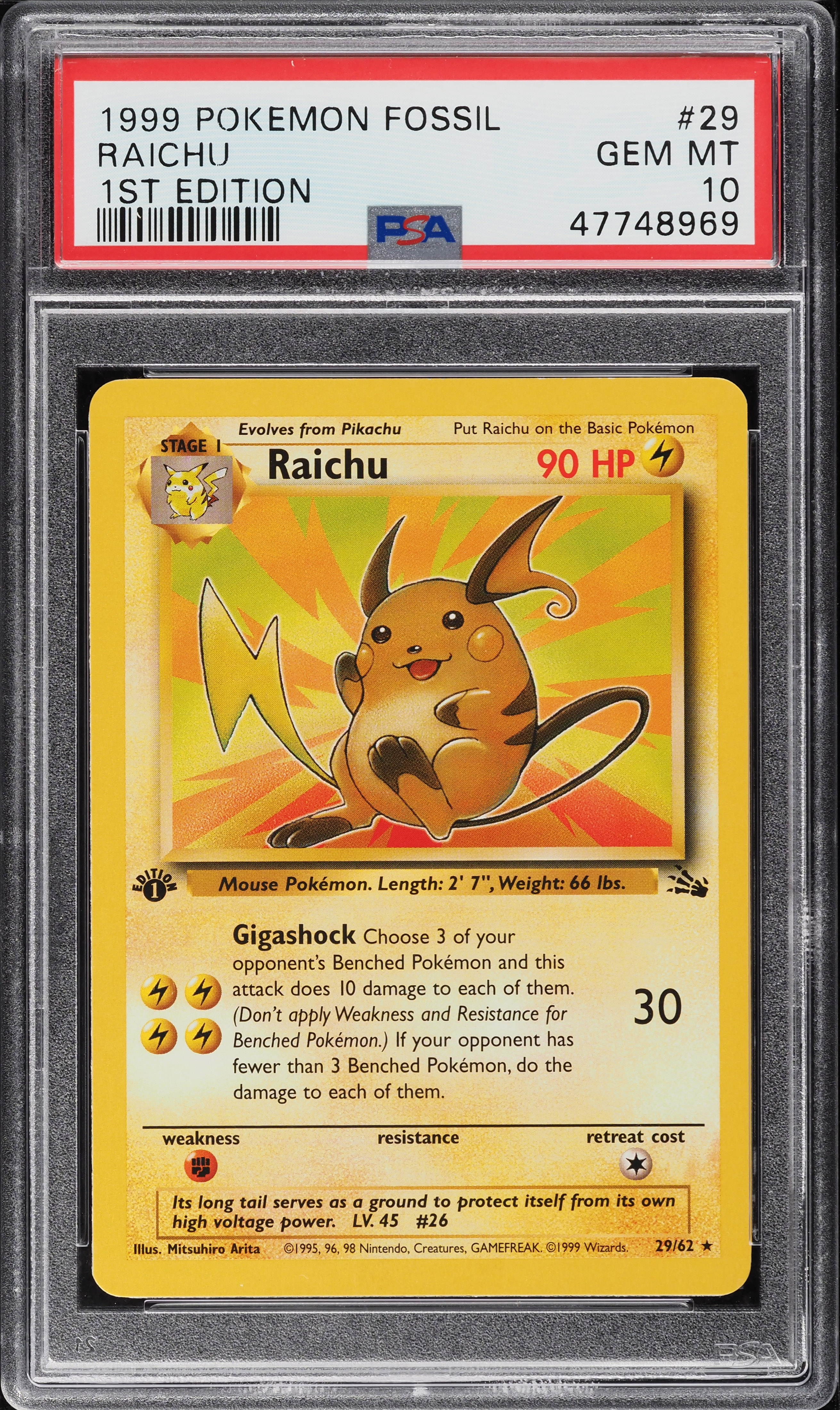 1999 Pokemon Fossil 1st Edition Raichu #29 PSA 10 GEM MINT on