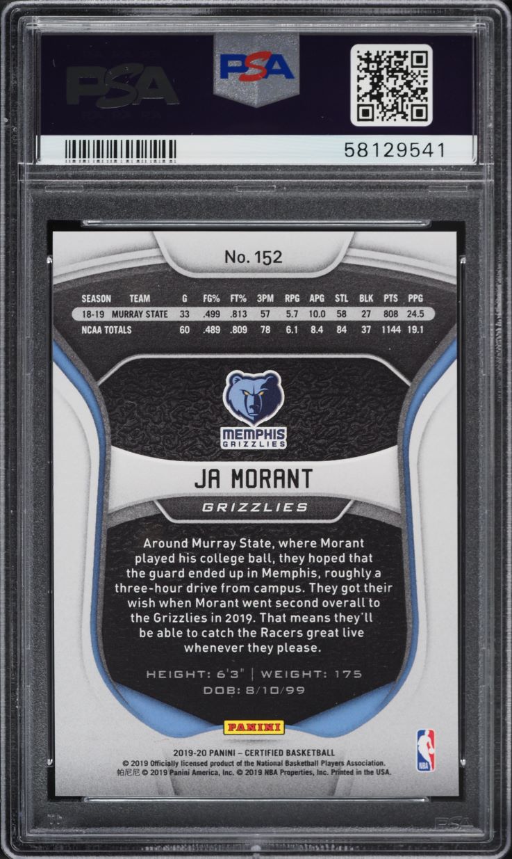 2019 Panini Certified Mirror Red Ja Morant ROOKIE #152 PSA 10 GEM MINT