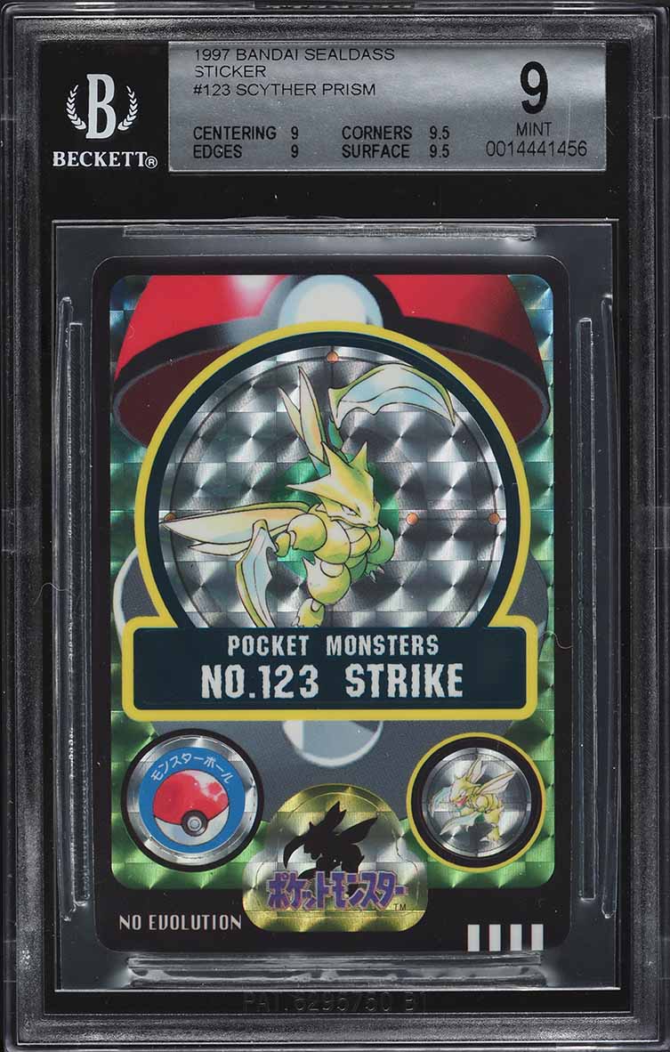 1997 Pokemon Japanese Bandai Sealdass Sticker Prism Scyther #123 BGS 9 MINT