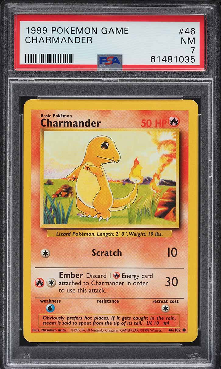 basic charmander pokemon card worth 1999 Pokemon Base Set Shadowless 1st Edition Charmander #46 PSA 7 NRMT on  Fanatics Collect