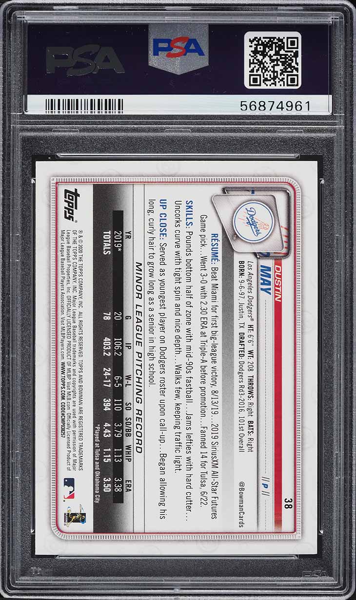 2020 Bowman Dustin May ROOKIE #38 PSA 10 GEM MINT