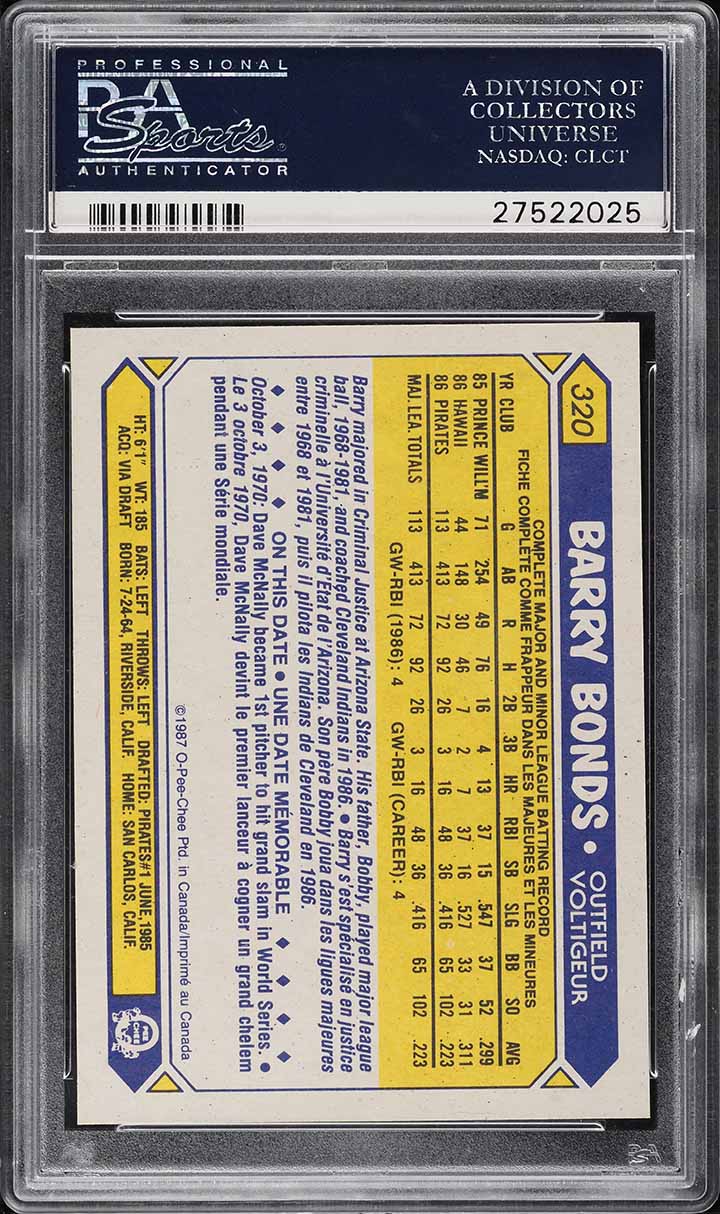 1987 O-Pee-Chee Barry Bonds ROOKIE #320 PSA 10 GEM MINT