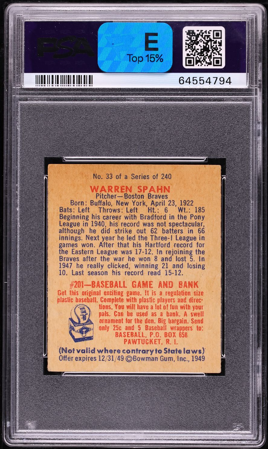 1949 Bowman Warren Spahn #33 PSA 3 VG