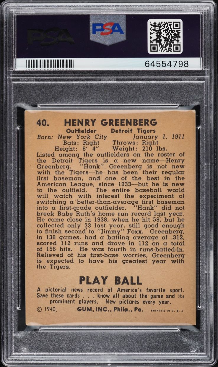 1940 Play Ball Hank Greenberg #40 PSA 5 EX