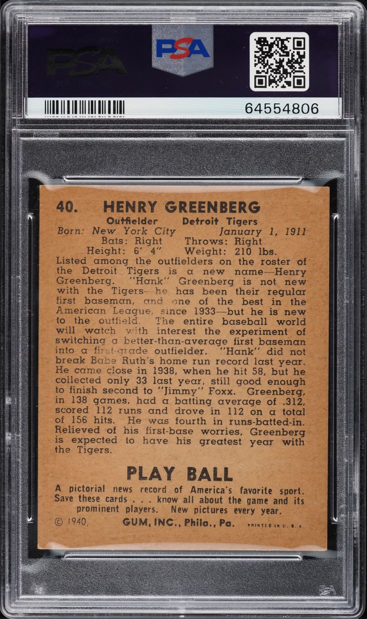 1940 Play Ball Hank Greenberg #40 PSA 5 EX