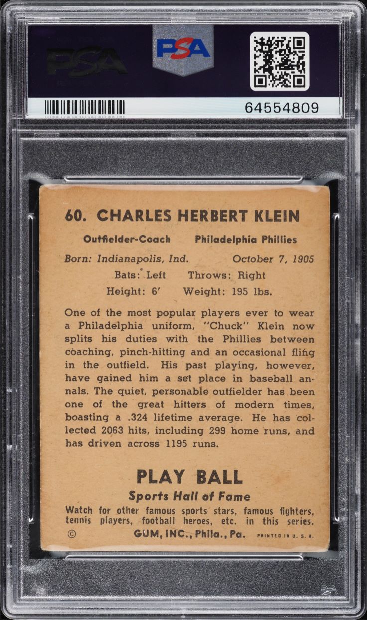 1941 Play Ball Chuck Klein #60 PSA 3 VG