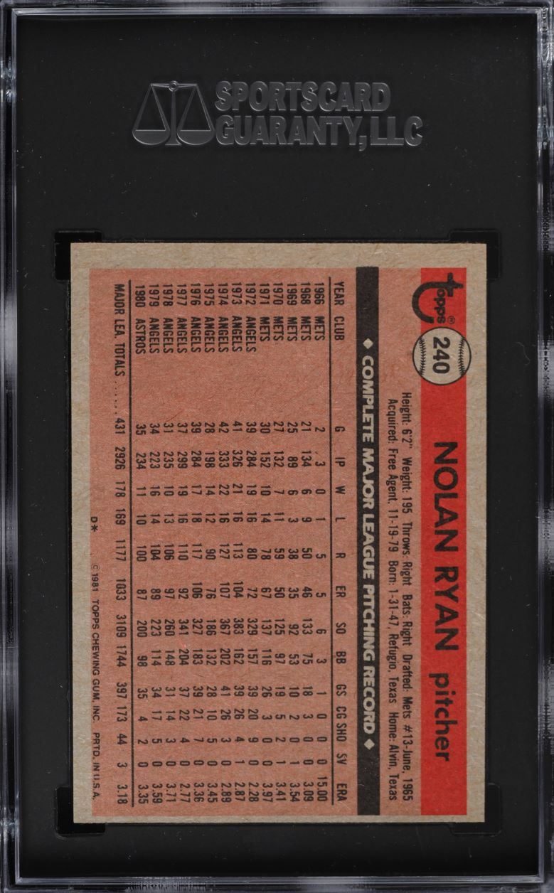 1981 Topps Nolan Ryan #240 SGC 5 EX