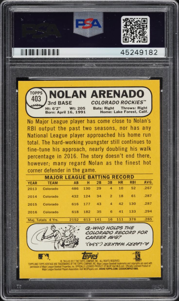 2017 Topps Heritage Nolan Arenado #403 PSA 10 GEM MINT