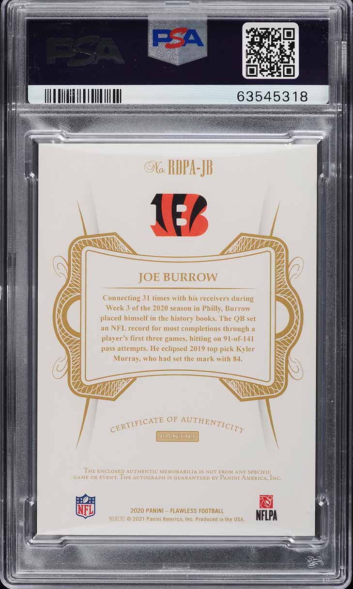2020 Panini Flawless Dual Joe Burrow RC PATCH AUTO DNA 10 /25 #RDPA-JB PSA 10