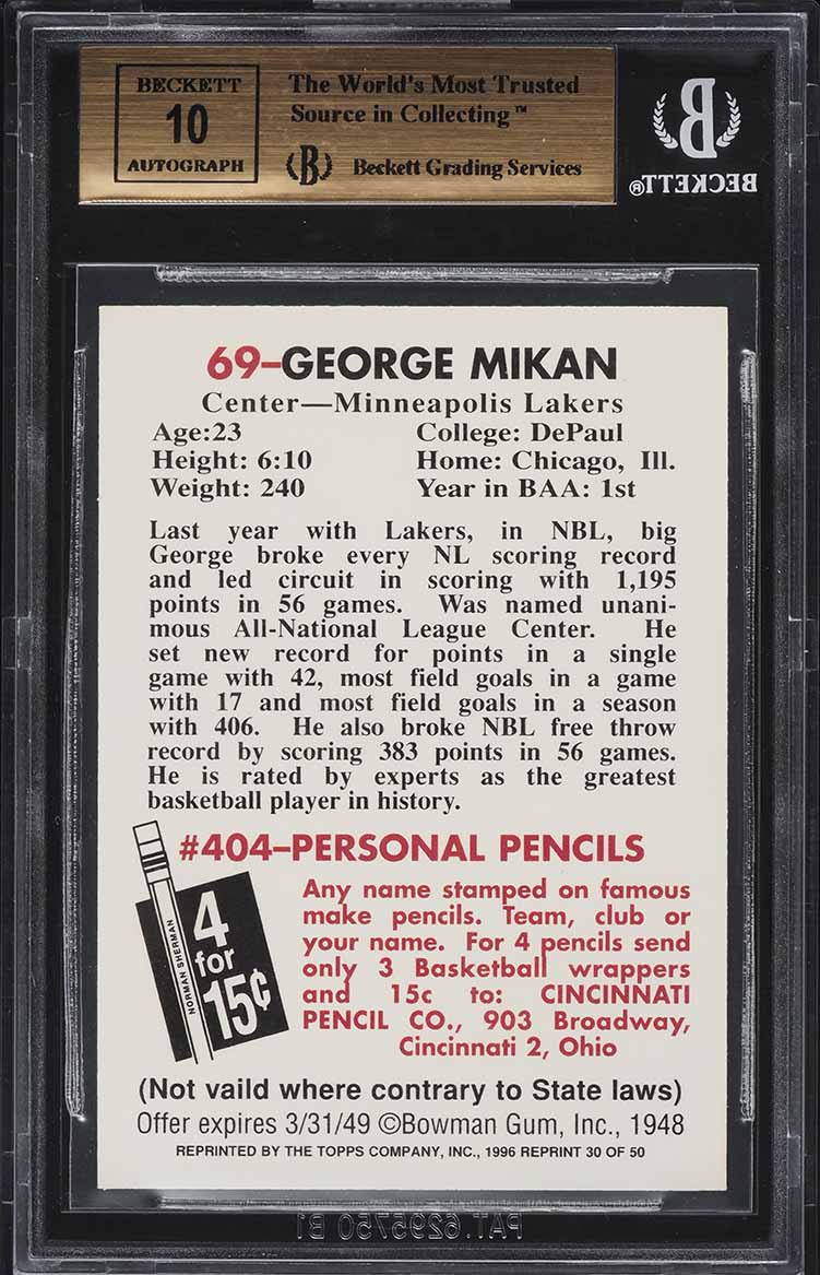 1996 Topps Finest '48 Reprint George Mikan AUTO #30 BGS 9.5 GEM MINT