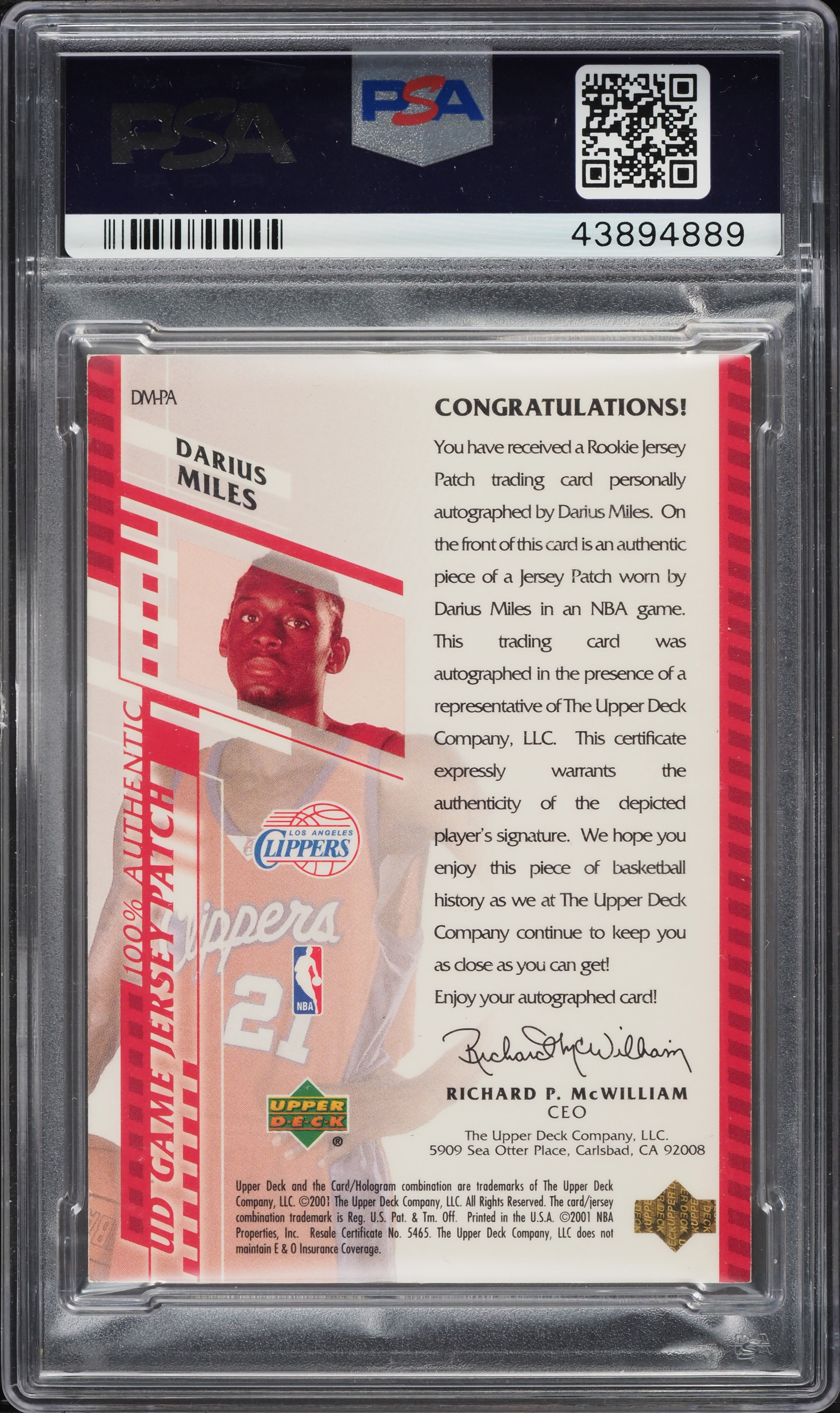 2000 Upper Deck Game Jersey Darius Miles ROOKIE PATCH AUTO /21 #DM 