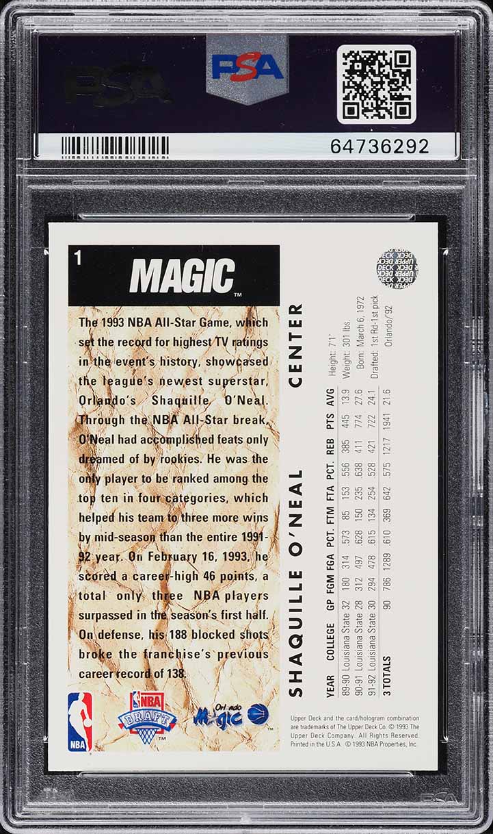 1992 Upper Deck Basketball Shaquille O'Neal ROOKIE #1 PSA 9 MINT