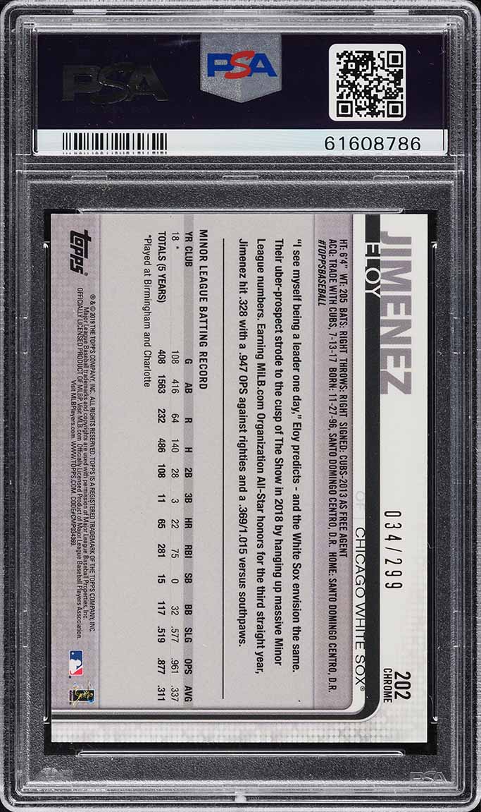 2019 Topps Chrome Purple Refractor Eloy Jimenez ROOKIE /299 #202 PSA 10 GEM MINT