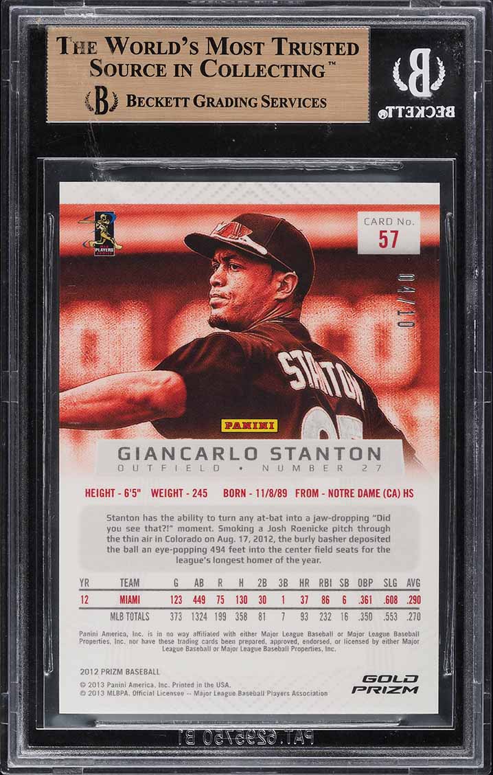 2012 Panini Prizm Gold Prizms Giancarlo Stanton /10 #57 BGS 9.5 GEM MINT