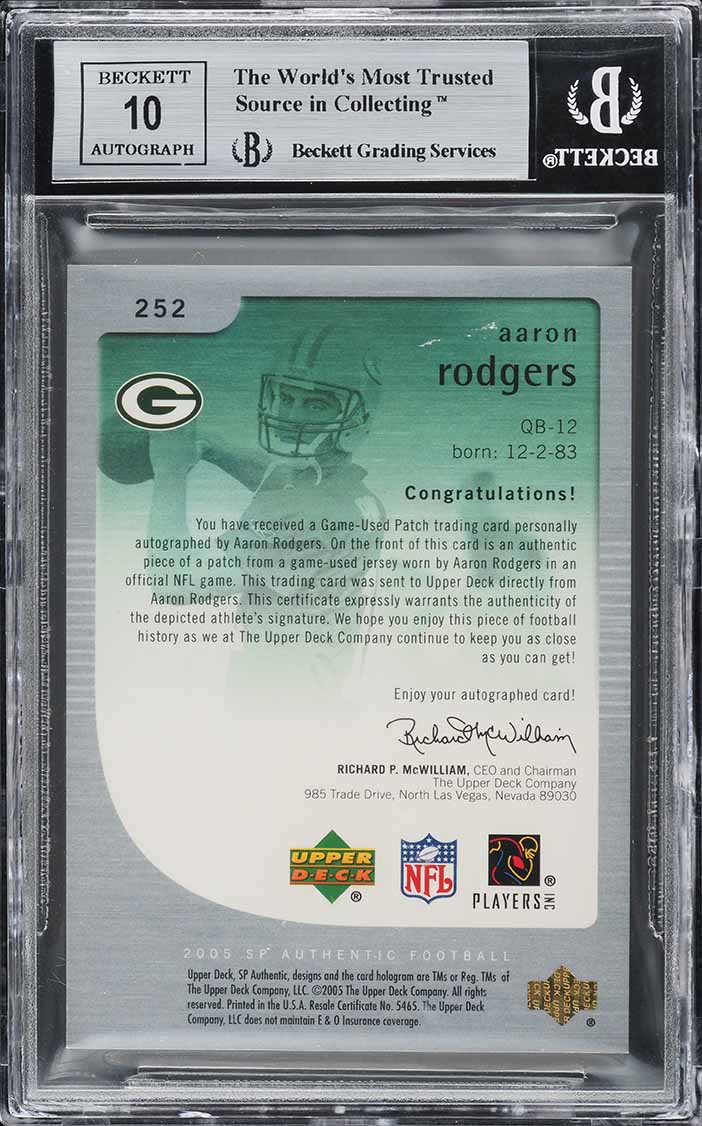 2005 SP Authentic Aaron Rodgers ROOKIE PATCH AUTO /5 #252 BGS 9 MINT