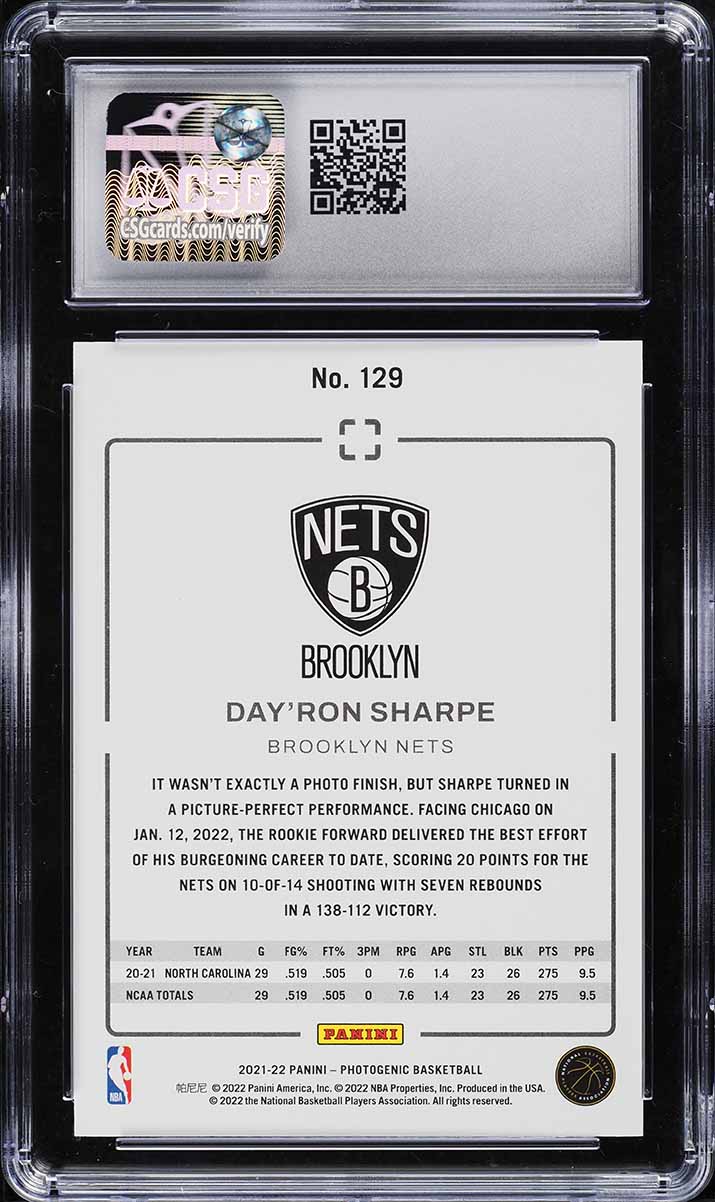 2021 Panini Photogenic Silver Day'Ron Sharpe ROOKIE #129 CSG 10 GEM MINT