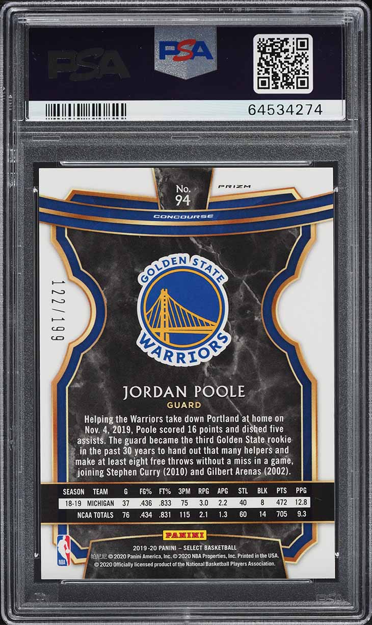 2019 Select Concourse Red Prizm Jordan Poole ROOKIE /199 #94 PSA 10 GEM MINT