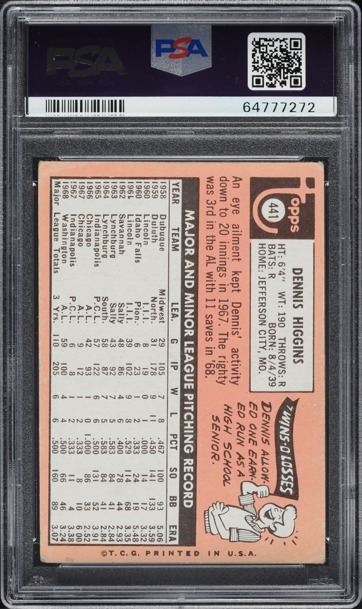 1969 Topps Dennis Higgins LAST NAME IN WHITE #441 PSA 1 PR