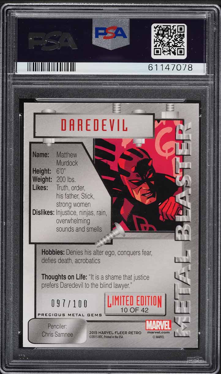 2015 Fleer Retro Marvel Precious Metal Gems PMG Red Daredevil /100 #10 PSA 8