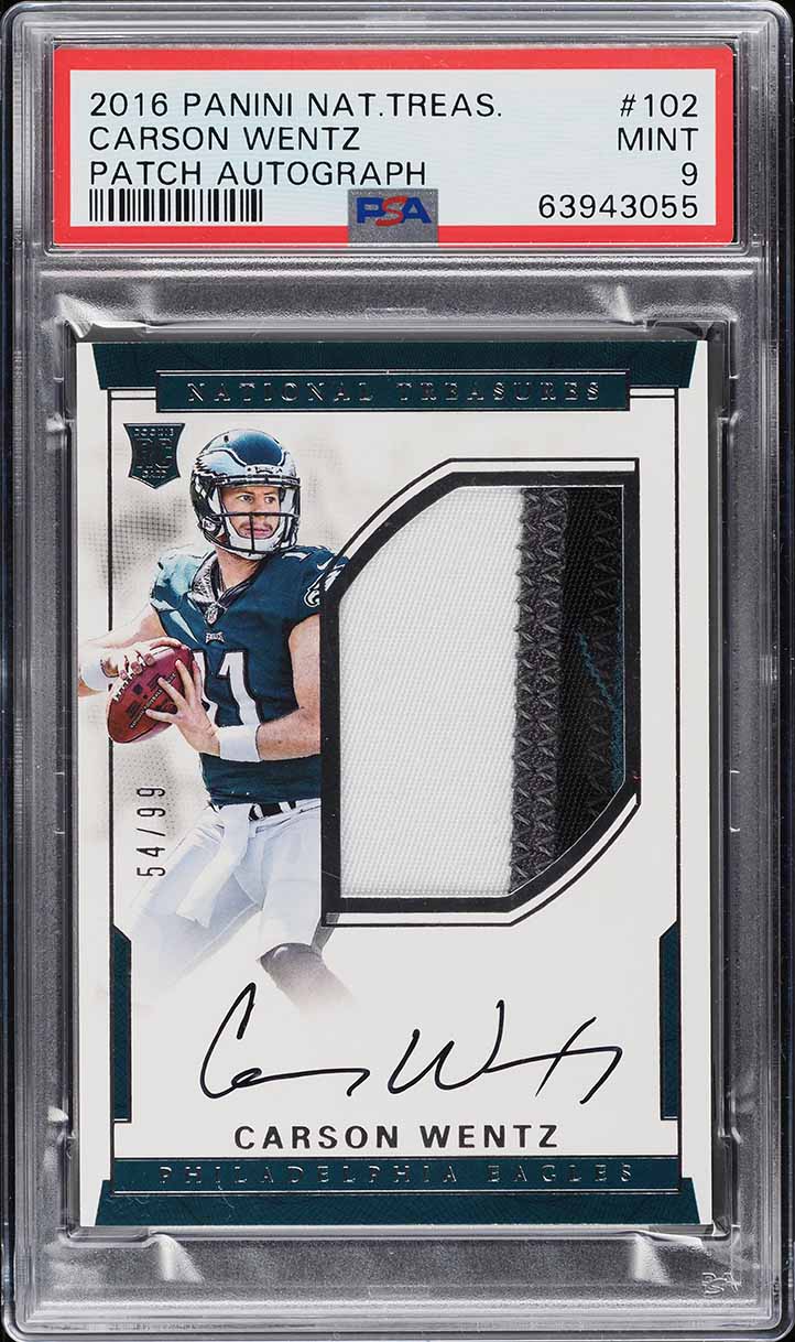 2016 National Treasures Carson Wentz ROOKIE PATCH AUTO /99 #102 PSA 9 MINT