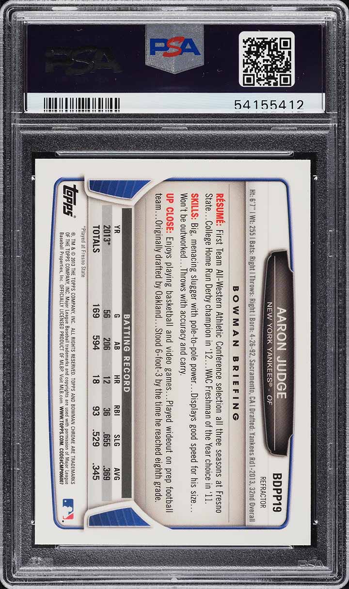 2013 Bowman Chrome Draft Refractor Aaron Judge ROOKIE #BDPP19 PSA 9 MINT
