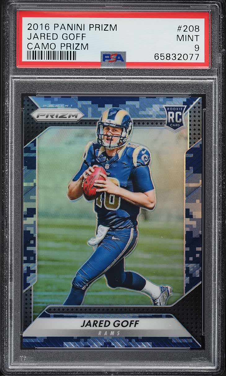2016 Panini Prizm Camo Prizms Jared Goff ROOKIE JERSEY # 16/25 #208 PSA 9 MINT