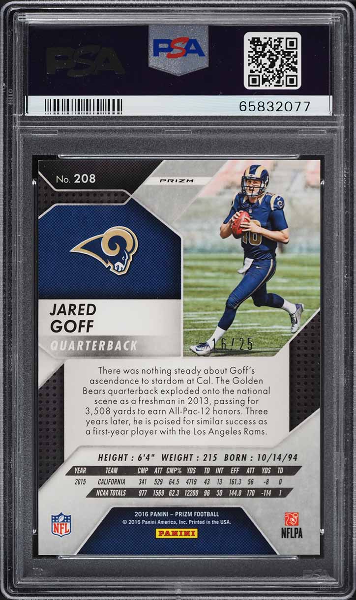 2016 Panini Prizm Camo Prizms Jared Goff ROOKIE JERSEY # 16/25 #208 PSA 9 MINT