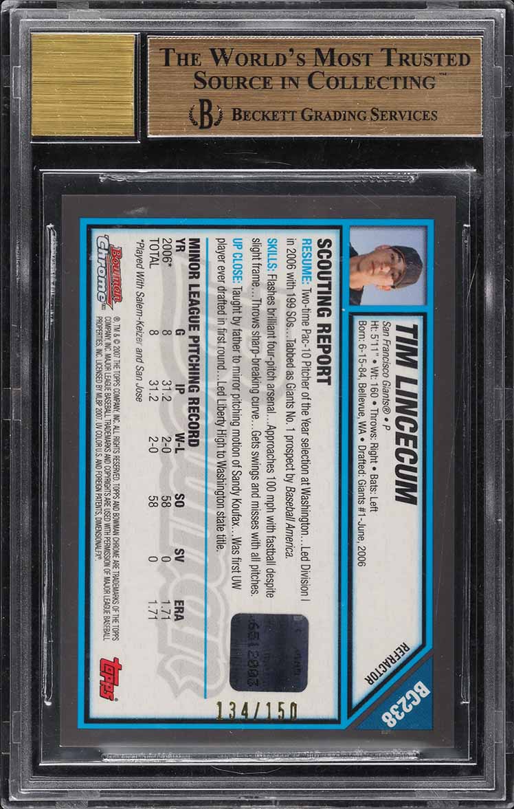 2007 Bowman Chrome Blue Refractor Tim Lincecum ROOKIE AUTO /150 BGS 9.5 GEM MINT