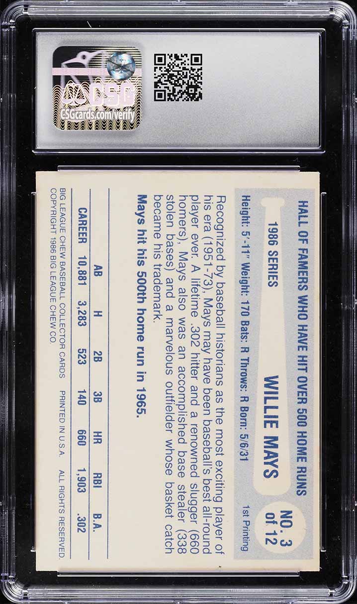 1986 Big League Chewing Co. Home Run Legends Willie Mays #3 CSG 6 EXMT