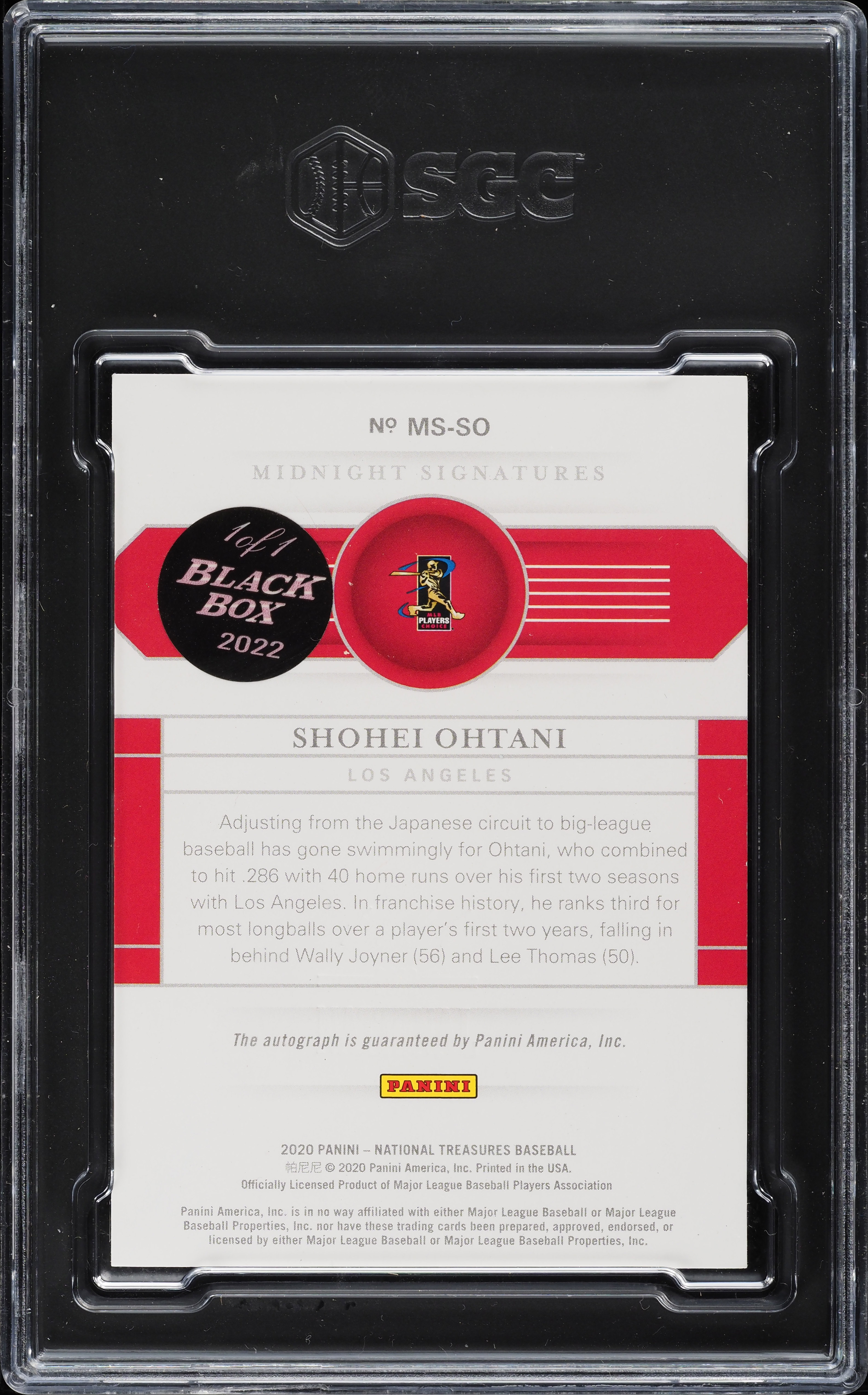 愛内里菜/PREMIER SHOT #4 VISUAL COLLECTION 2020 National Treasures Midnight Black Box Shohei Ohtani AUTO 1/1