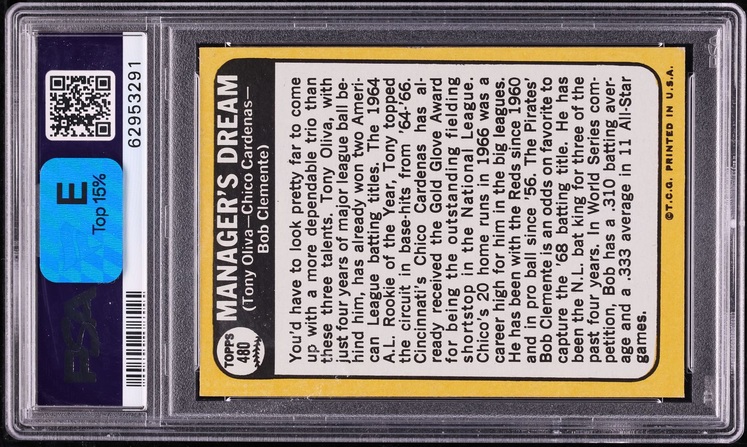 1968 Topps Roberto Clemente Tony Oliva MANAGER'S DREAM #480 PSA 8 NM-MT