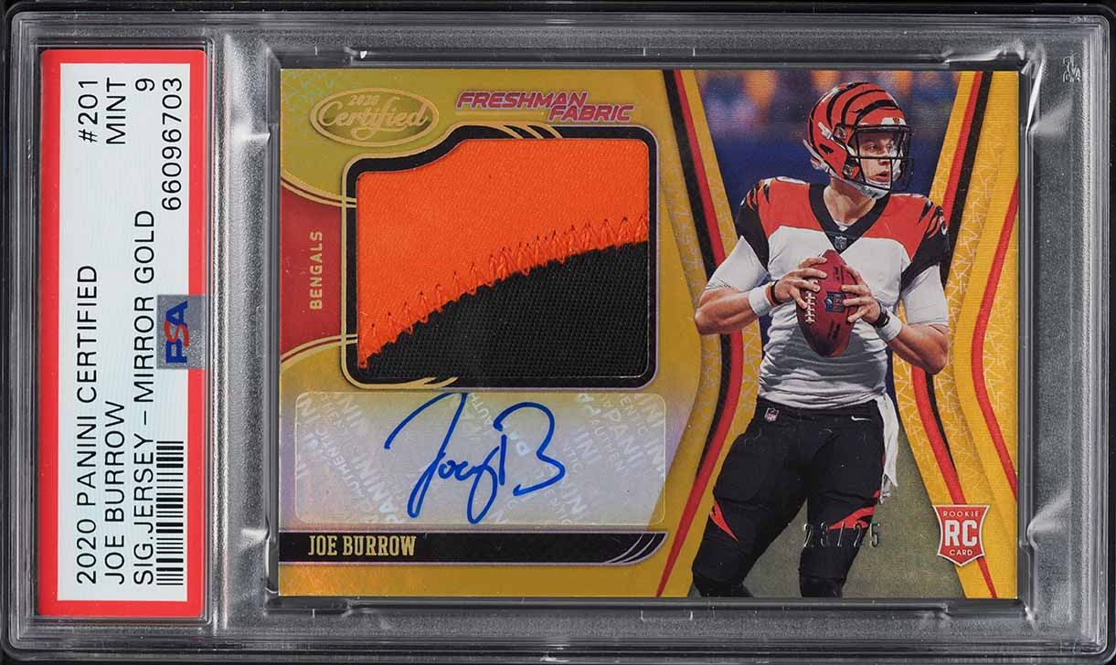 2020 Panini Certified Mirror Gold Joe Burrow ROOKIE PATCH AUTO /25 #201 PSA 9